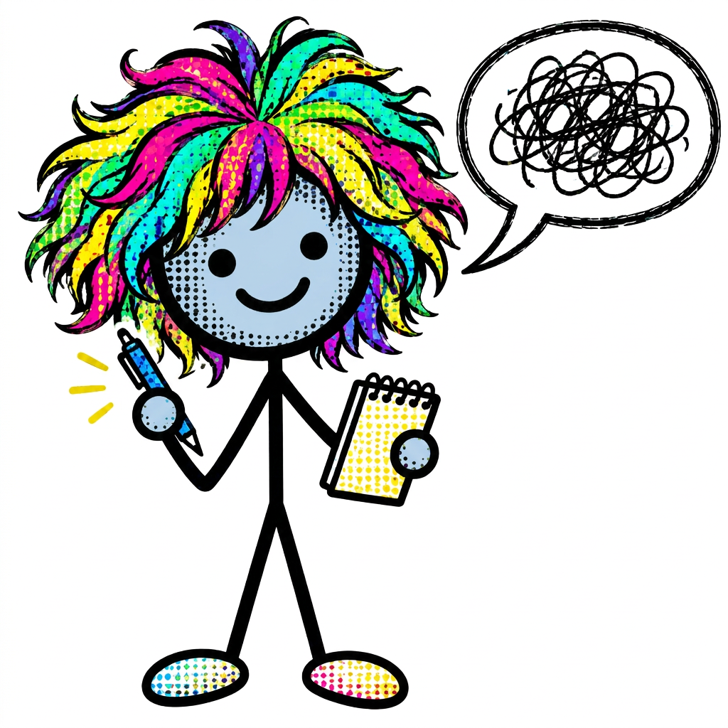 Stick figure with a rainbow mophead and a scribbled speech bubble